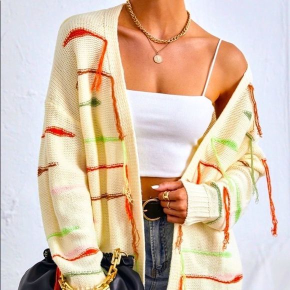 NWT! STRIPED PATTERN FRINGE DROP SHOULDER OPEN FRONT CARDIGAN IN CREAM! - Picture 4 of 12